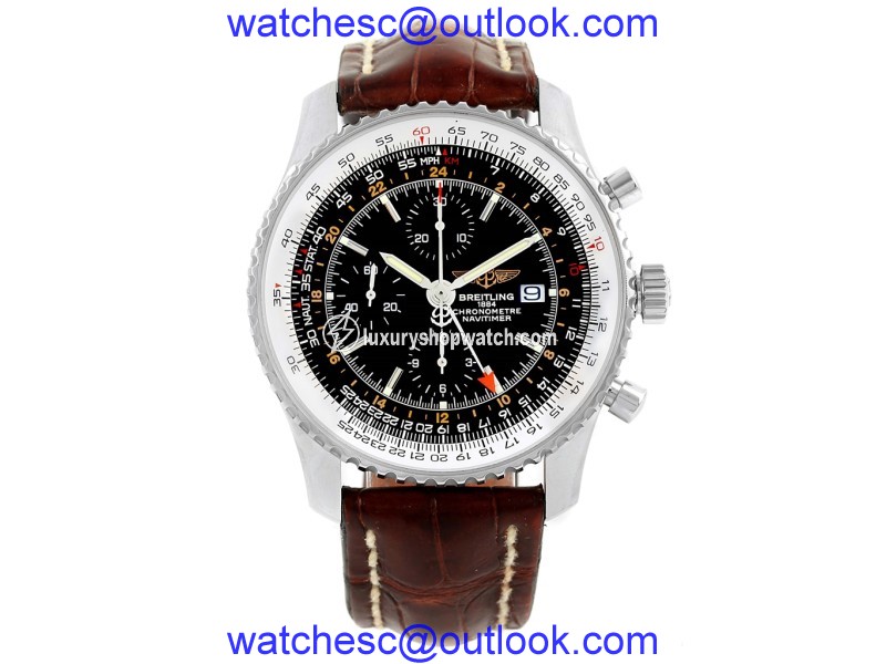 Breitling Navitimer World A24322 Stainless Steel & Leather Black Dial Automatic 46mm Mens Watch Breitling