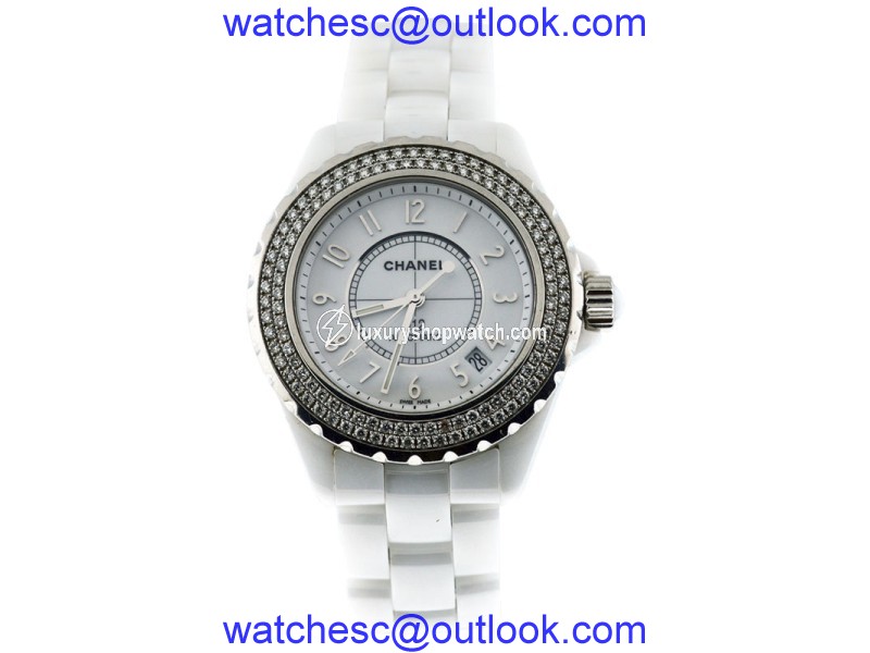 Chanel J12 Two Row Stainless Steel Diamond Bezel 38mm White Ceramic Watch Chanel
