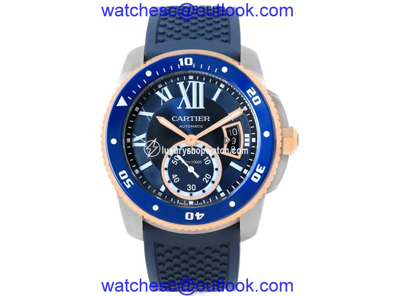 Cartier Calibre Diver W2CA0009 Stainless Steel/18K Rose Gold & Blue Rubber Strap Automatic 42mm Mens Watch Cartier