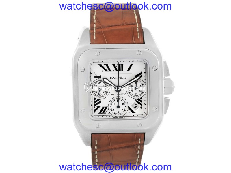 Cartier Santos 100 W20090X8 Stainless Steel & Leather Silver Dial Automatic 42mm Mens Watch Cartier