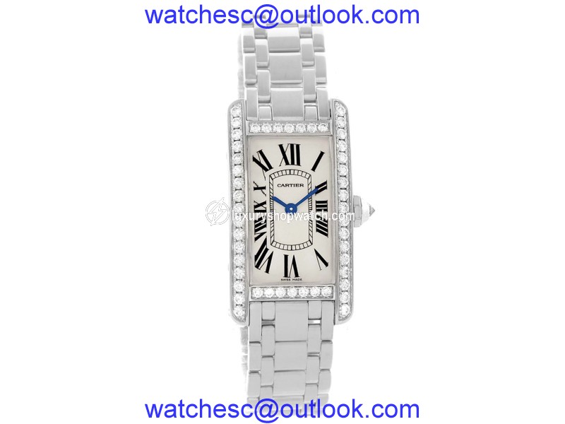 Cartier Tank Americaine WB7073L1 18K White Gold Diamond 19mm Womens Watch Cartier