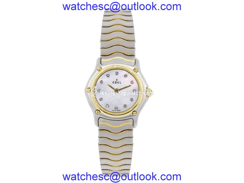 Ebel Sport Classic Two Tone Stainless Steel and 18K Yellow Gold Mother Of Pearl Diamond Dial 26mm Womens Watch Ebel