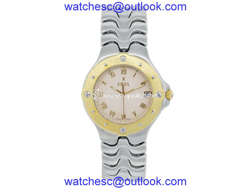 Ebel Sportwave Two Tone 18K Yellow Gold & Stainless Steel Cream Dial 37mm Mens Watch Ebel