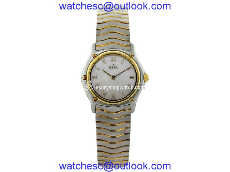 Ebel Wave Two Tone Stainless Steel and 18K Yellow Gold Mother of Pearl Roman Dial 26mm Womens Watc Ebel