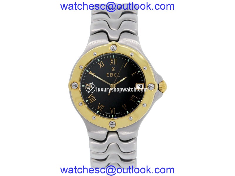 Ebel Sportwave Two Tone Stainless Steel & Gold Plated Black Dial 38mm Mens Watch Ebel
