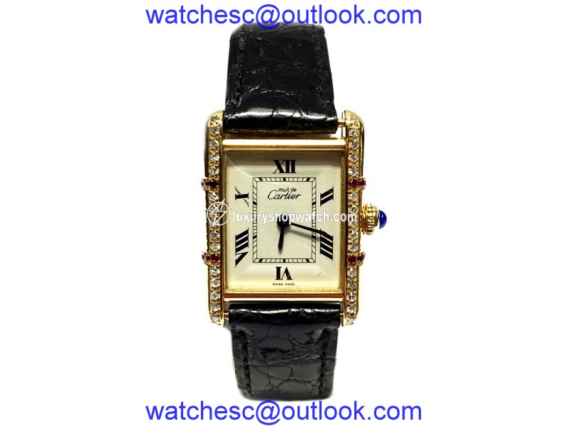 Cartier Must de Cartier Tank Vermeil 18K Yellow Gold Plated Sterling Silver Leather Diamond & Ruby 22.50mm Watch Cartier