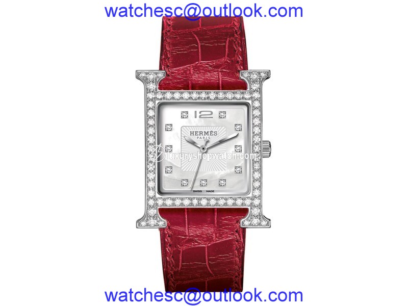 Hermes Heure H PM Diamond With Ember Alligator Leather Strap Womens Watch Hermes