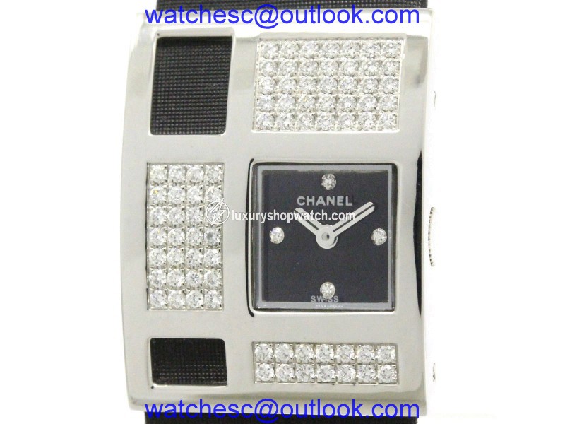 Chanel H1183 18K White Gold & Leather wDiamond Quartz 22mm Womens Watch Chanel