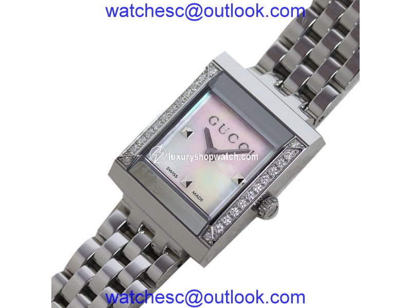 Gucci G Frame YA128405 Stainless Steel Quartz Shell Diamond Bezel Womens 19mm Watch Gucci