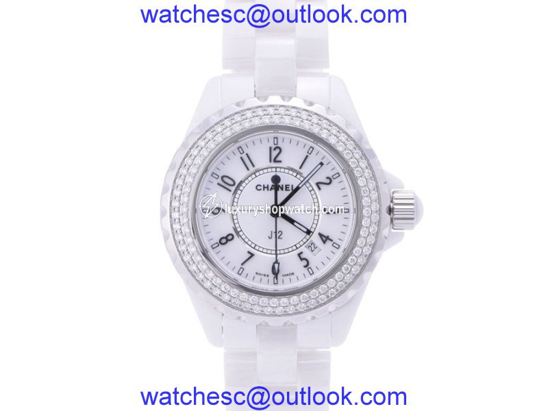 Chanel J12 H0967 White Ceramic wDiamond 33mm Quartz Womens Watch Chanel