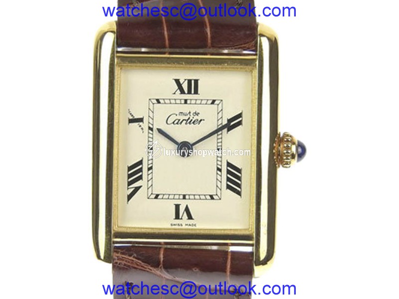 Cartier Must Tank 925 Gold Plated Sterling Silver and Leather Quartz 21mm Womens Watch Cartier