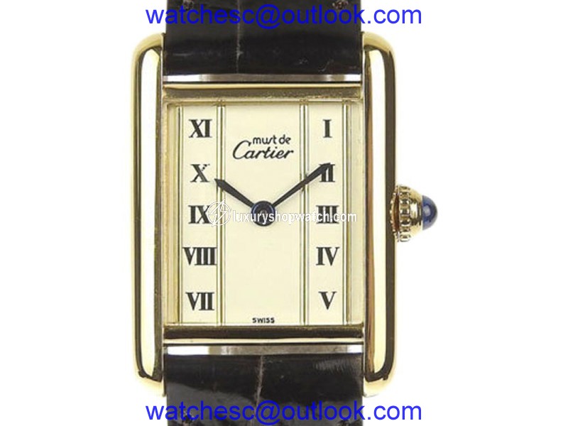 Cartier Must Tank Gold Plated 925 Sterling Silver and Leather Quartz 19mm Womens Watch Cartier