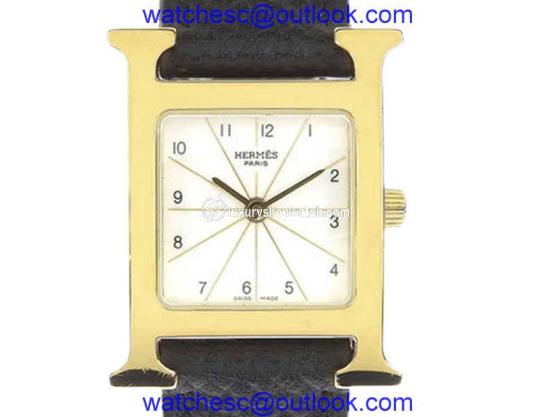 Hermes Heure H HH1.201 Gold Plated Stainless Steel & Leather Quartz White Dial 24mm Womens Watch Hermes