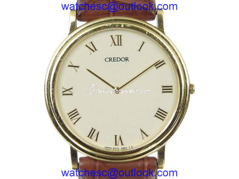 Seiko Credor 5A74-0530 18K Yellow Gold & Leather White Dial Quartz 32mm Mens Watch Seiko