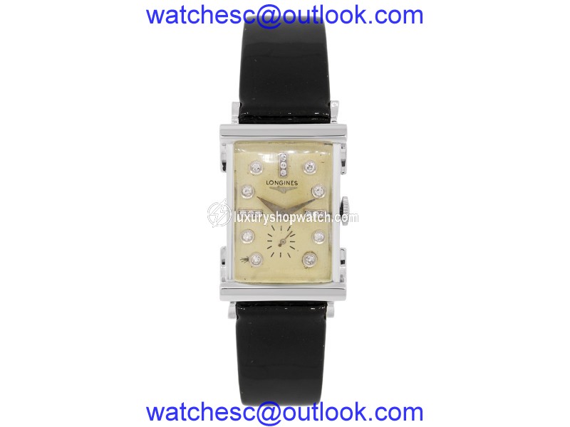 Longines 14K White Gold & Leather wDiamond Dial Vintage 23mm Womens Watch Longines