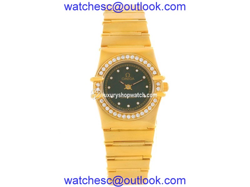 Omega Constellation 18K Yellow Gold wDiamond Black Dial Quartz 22.5mm Womens Watch Omega
