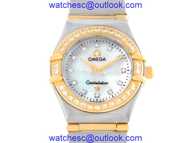 Omega Constellation 1267.75.00 Stainless Steel & 18K Yellow Gold Mother of Pearl Dial Diamond Quartz 22.5mm Womens Watch Omega