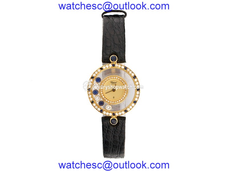 Chopard 18k Yellow Gold Happy Diamond and Sapphires 23mm Womens Watch Chopard