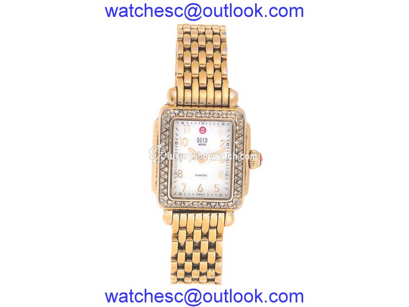 Michele Gold Plated Stainless Steel Mini Deco 0.36ct. Diamond Bezel 24mm Womens Watch Michele