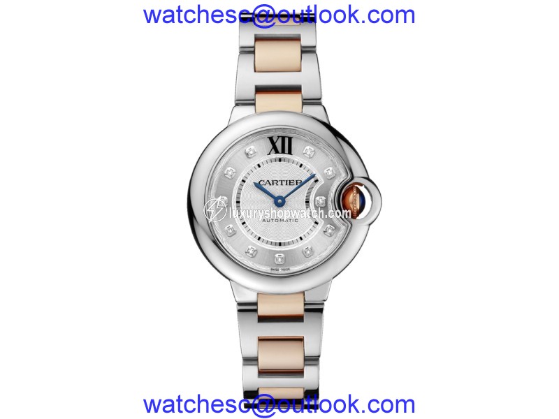 Cartier Ballon Bleu 33 18K Rose Gold & Stainless Steel Watch Diamond Dial on Bracelet WE902061