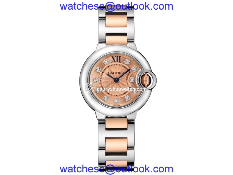 Cartier Ballon Bleu 28 18K Rose Gold & Stainless Steel Watch Diamond Dial on Bracelet WE902052