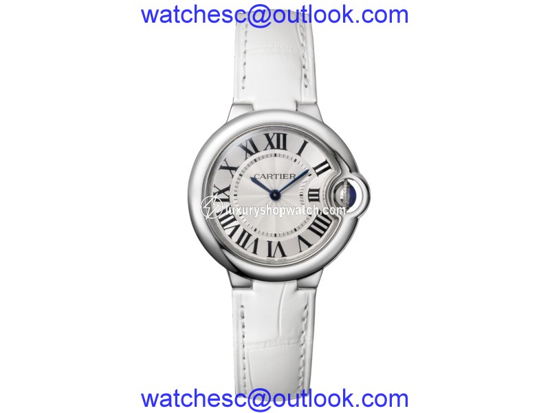 Cartier Ballon Bleu 33 Stainless Steel Watch Silver Dial on White Leather Strap W6920086